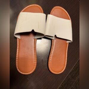 Cream and Tan Women's Slide Sandals